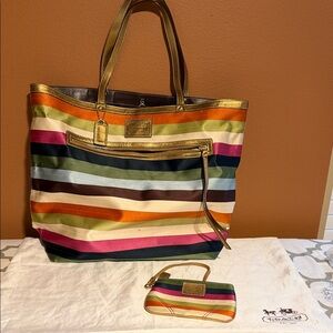 Vintage Coach Colorful Striped Tote Bag with Pouch